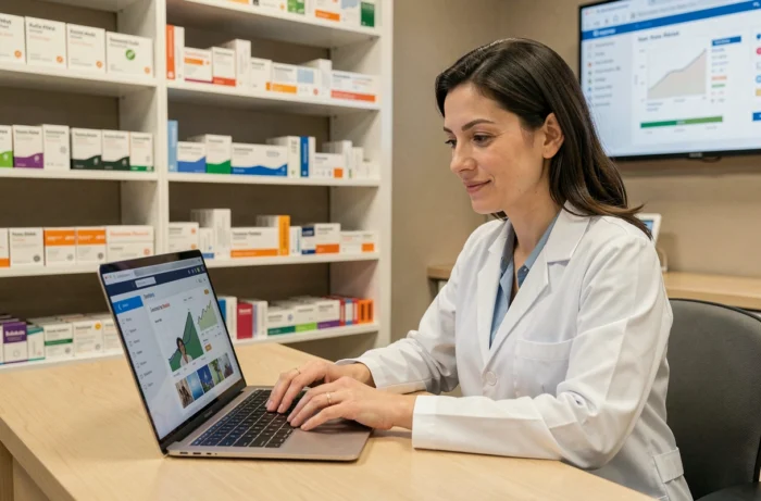 Pharmacienne professionnelle utilisant un espace en ligne dédié aux pharmacies sur son ordinateur portable dans un bureau pharmaceutique moderne