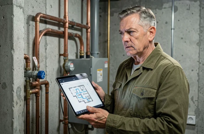 Propriétaire utilisant une tablette pour consulter un plan de canalisation numérique dans une cave