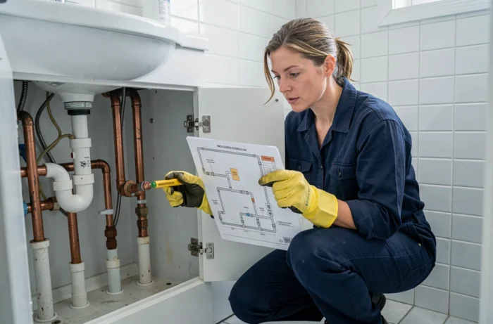 Plombière professionnelle identifiant des canalisations sous un lavabo avec un plan de tuyauterie