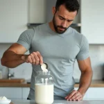 Homme préparant un shake protéiné en mesurant soigneusement 50 g de protéines en poudre dans une cuisine moderne