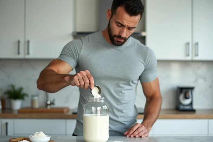 Homme préparant un shake protéiné en mesurant soigneusement 50 g de protéines en poudre dans une cuisine moderne