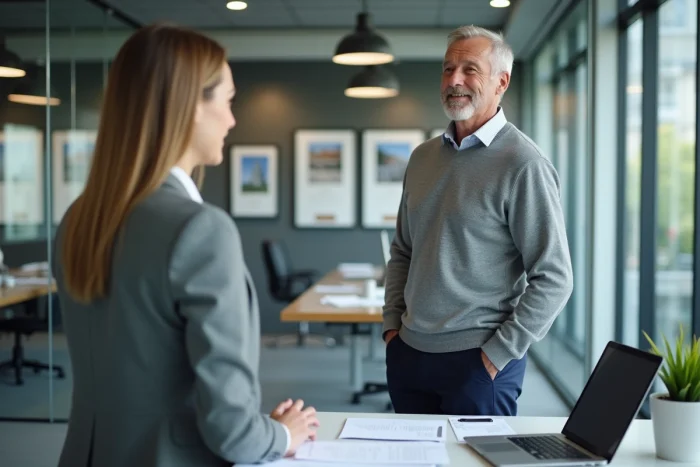 Propriétaire en discussion avec un gestionnaire dans une agence de gestion immobilière Foncia