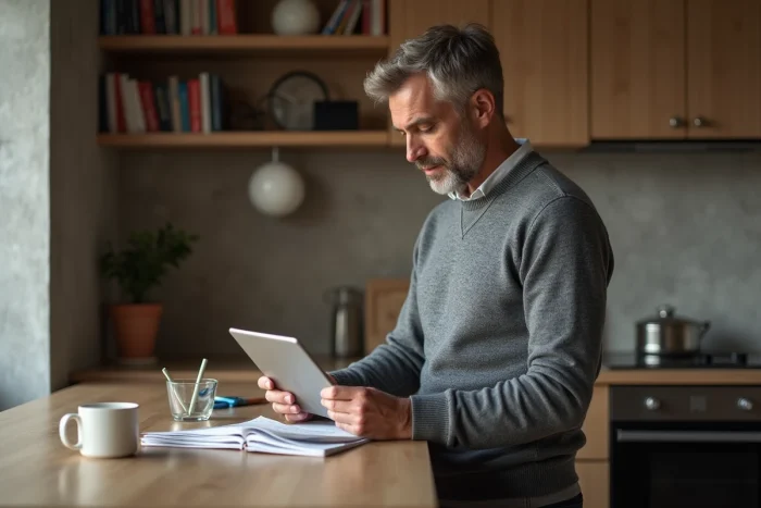 Homme consultant un site d'évaluation d'entreprise sur tablette à domicile pour comparer des prestataires avant de prendre une décision commerciale