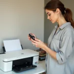 Femme tenant une cartouche d'encre HP avant de la remplacer dans une imprimante HP Deskjet 2710 ouverte sur un bureau blanc