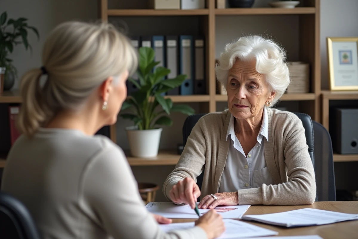 Femme âgée discute avec un conseiller fiscal dans un bureau organisé