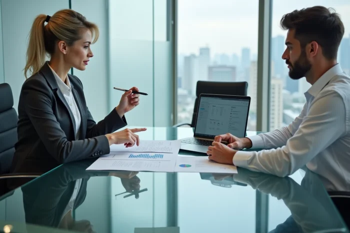 Deux professionnels examinant ensemble un rapport d'analyse d'entreprise en salle de réunion pour comparer des offres commerciales