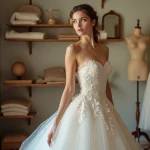 Jeune mariée portant une robe en dentelle Chantilly ivoire dans un atelier de couture parisien