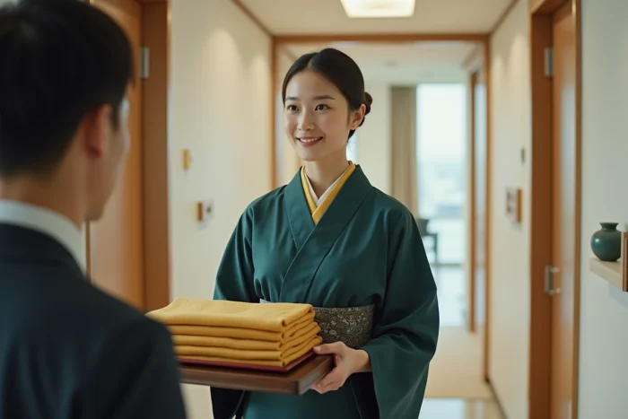 Employée d'hôtel japonais présentant un yukata plié à un client dans le couloir
