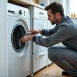 Technicien inspectant le système de double évacuation d'un lave-linge sèche-linge combiné dans une buanderie