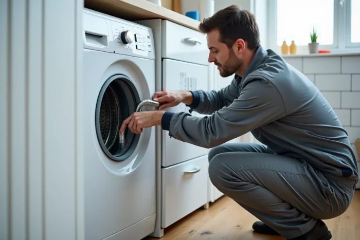 Technicien inspectant le système de double évacuation d'un lave-linge sèche-linge combiné dans une buanderie