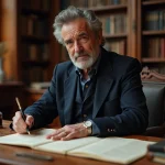 Écrivain distingué assis à son bureau parisien entouré de manuscrits et de livres, évoquant l'univers intime d'Eric-Emmanuel Schmitt