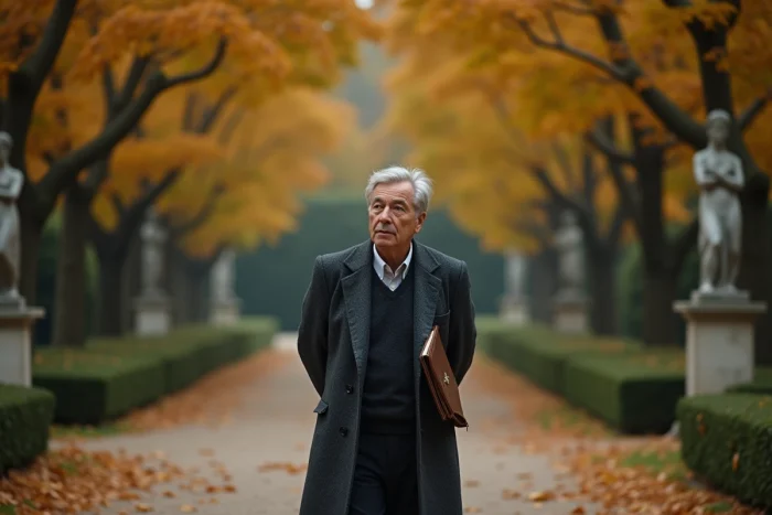 Homme cultivé se promenant seul dans un jardin européen à l'automne, carnet sous le bras, symbole de la vie intérieure et privée d'un écrivain