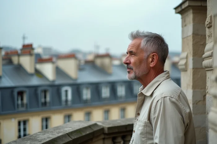 Homme pensif sur une terrasse parisienne contemplant les toits de la ville, illustrant la vie privée et l'intimité d'un auteur célèbre