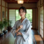 Femme japonaise en yukata traditionnel dans le couloir d'un ryokan au Japon