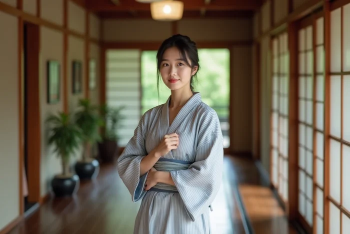 Femme japonaise en yukata traditionnel dans le couloir d'un ryokan au Japon