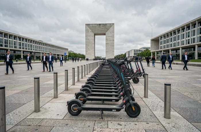 Official parking area for electric scooters on the esplanade of La Défense with the Grande Arche in the background